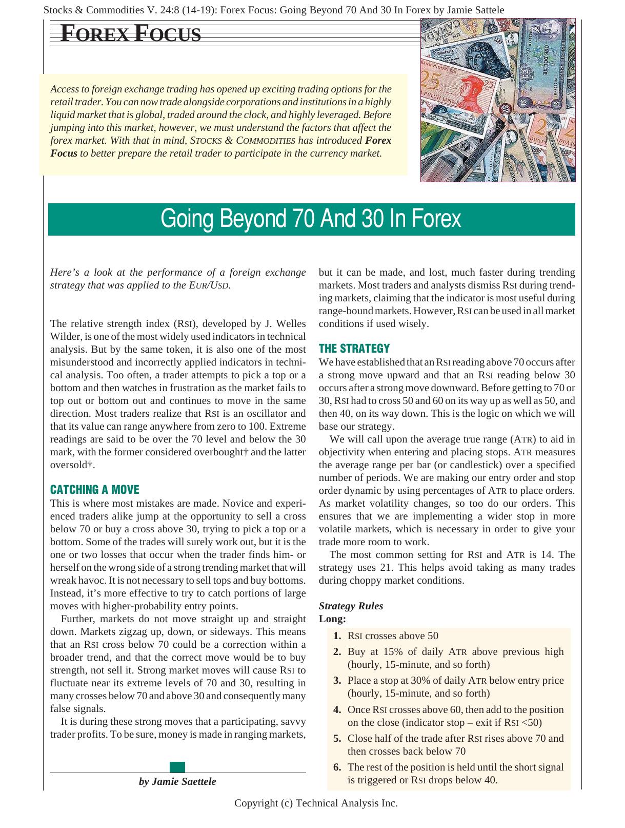 Stocks & Commodities V. 24:8 (14-19): Forex Focus: Going Beyond 70 And 30 In Forex by Jamie Sattele by Jamie Sattele
