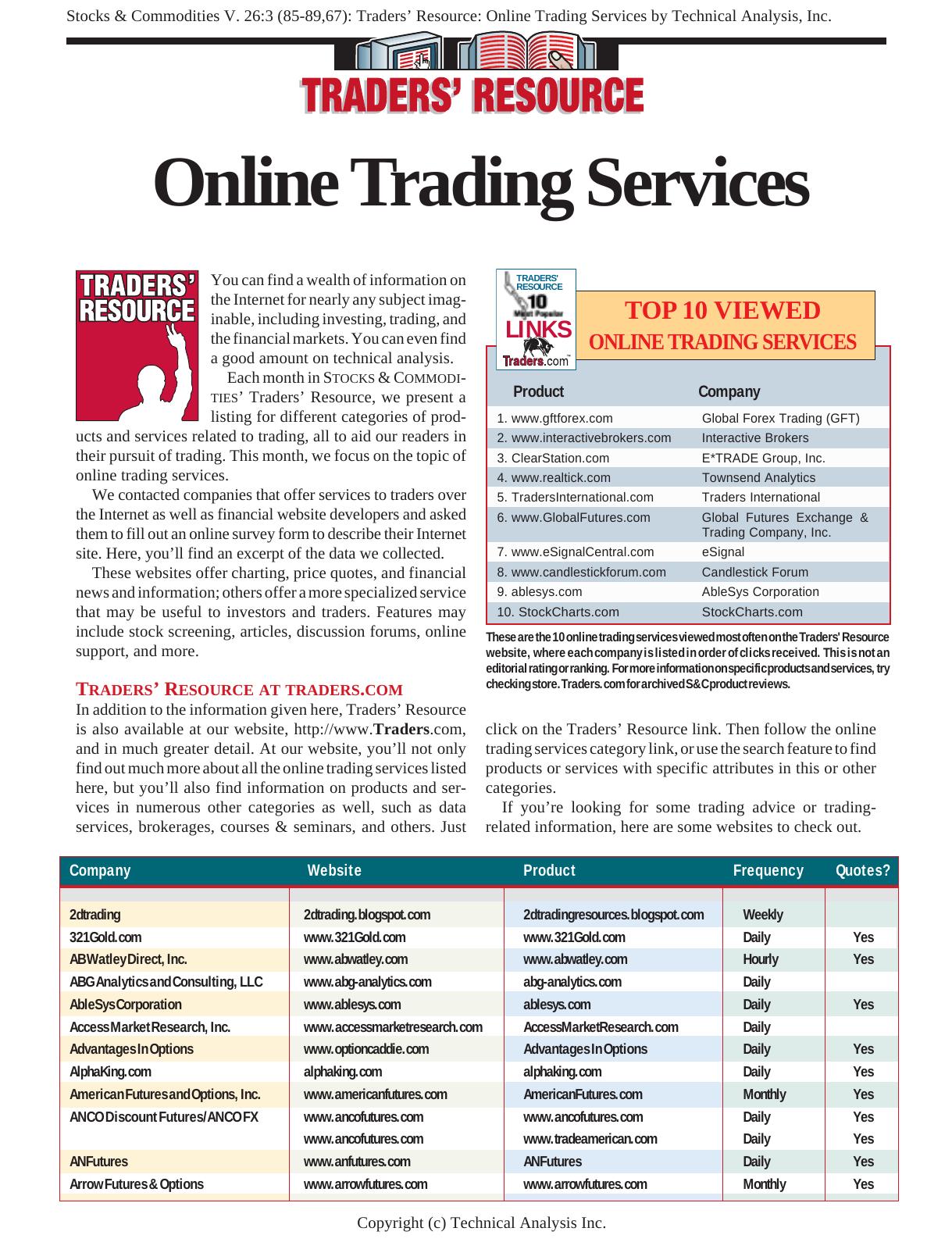 Stocks & Commodities V. 26:3 (85-89,67): Tradersâ Resource: Online Trading Services by Technical Analysis, Inc. by Technical Analysis Inc