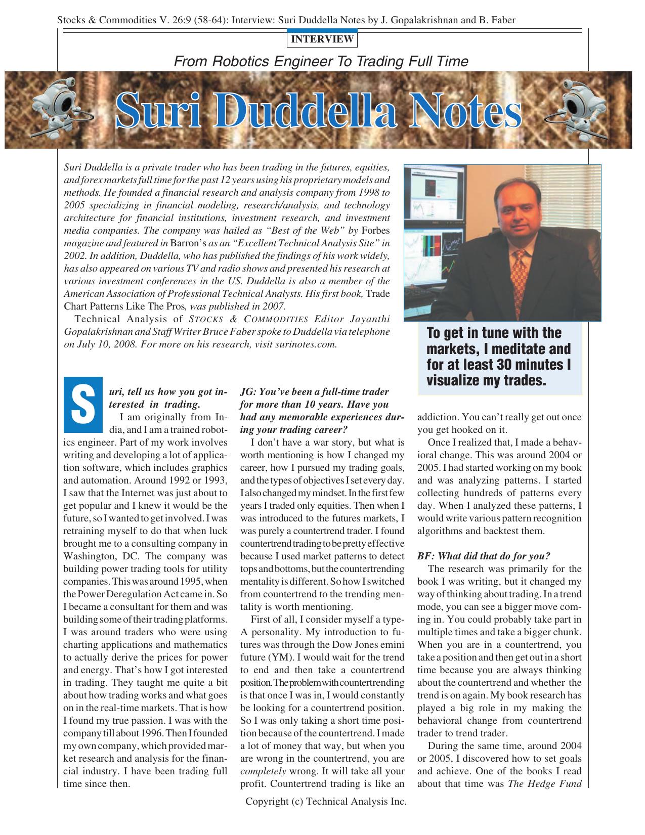 Stocks & Commodities V. 26:9 (58-64): Interview: Suri Duddella Notes by J. Gopalakrishnan and B. Faber by J. Gopalakrishnan & B. Faber