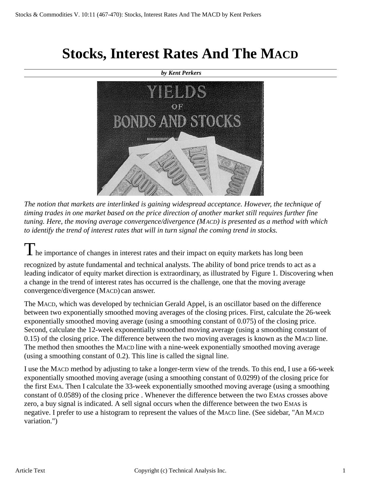 Stocks & Commodities V.10:11 (467-470): Stocks, Interest Rates And The Macd by Kent Perkers by Kent Perkers