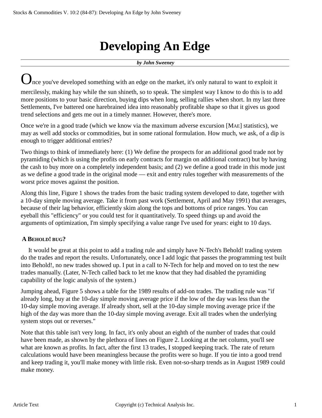 Stocks & Commodities V.10:2 (84-87): Developing An Edge by John Sweeney by John Sweeney