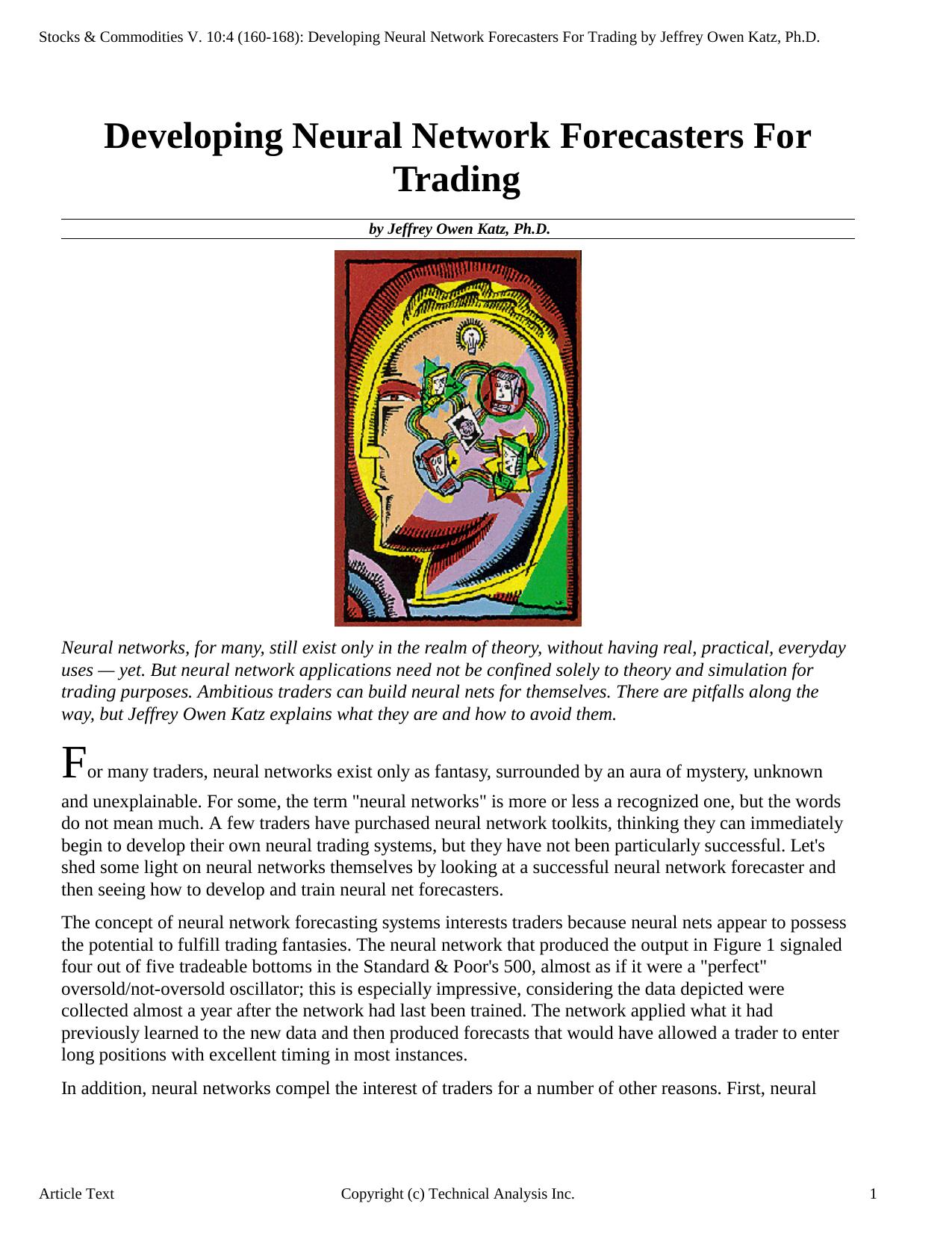 Stocks & Commodities V.10:4 (160-168): Developing Neural Network Forecasters For Trading by Jeffrey Owen Katz, Ph.D. by Jeffrey Owen Katz