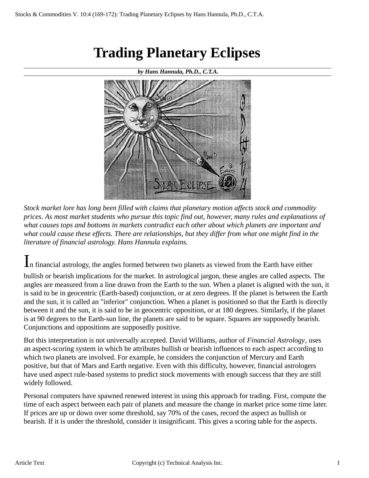 Stocks & Commodities V.10:4 (169-172): Trading Planetary Eclipses by Hans Hannula, Ph.D., C.T.A. by Hans Hannula