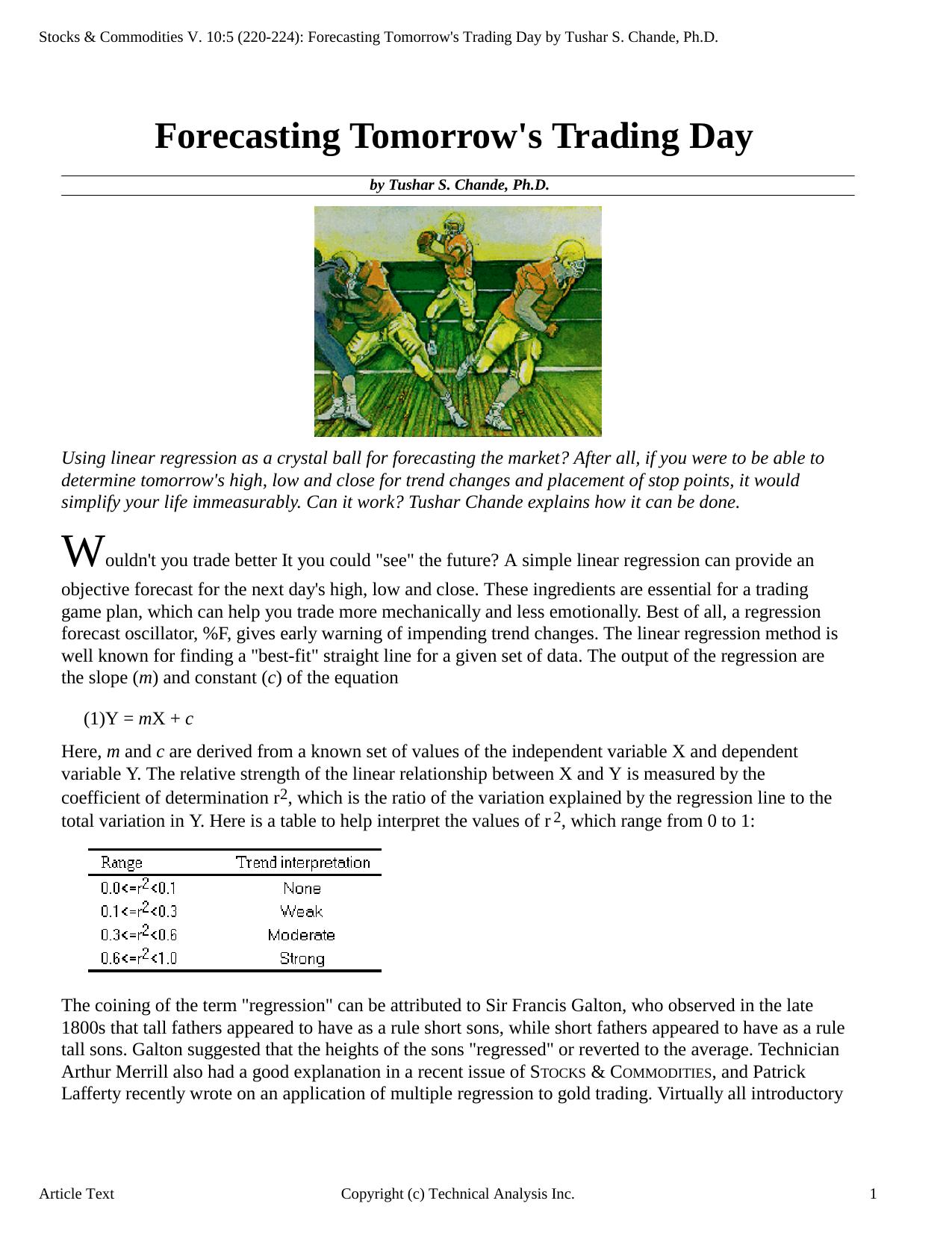Stocks & Commodities V.10:5 (220-224): Forecasting Tomorrow's Trading Day by Tushar S. Chande, Ph.D. by Tushar S. Chande