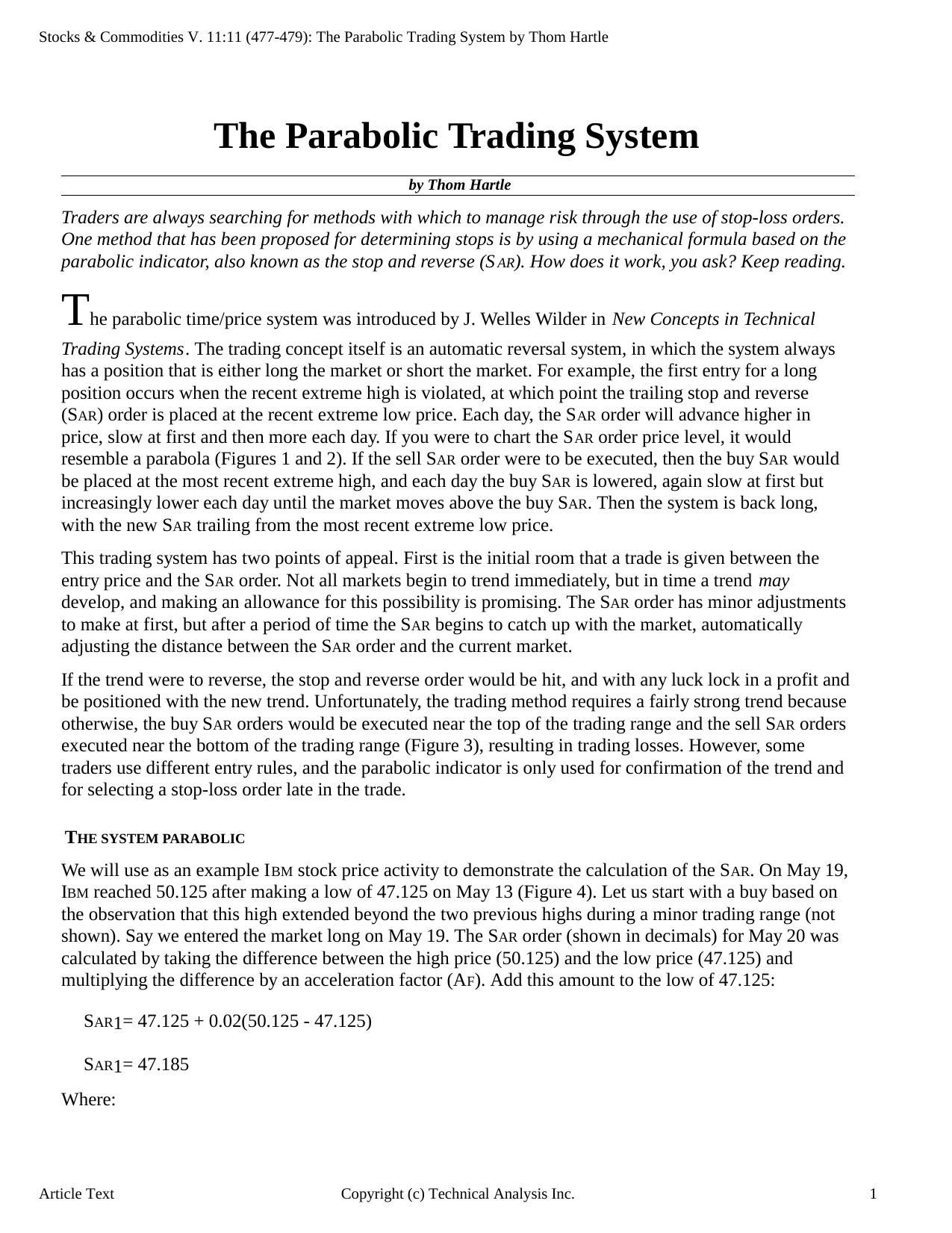 Stocks & Commodities V.11:11 (477-479): The Parabolic Trading System by Thom Hartle by Thom Hartle