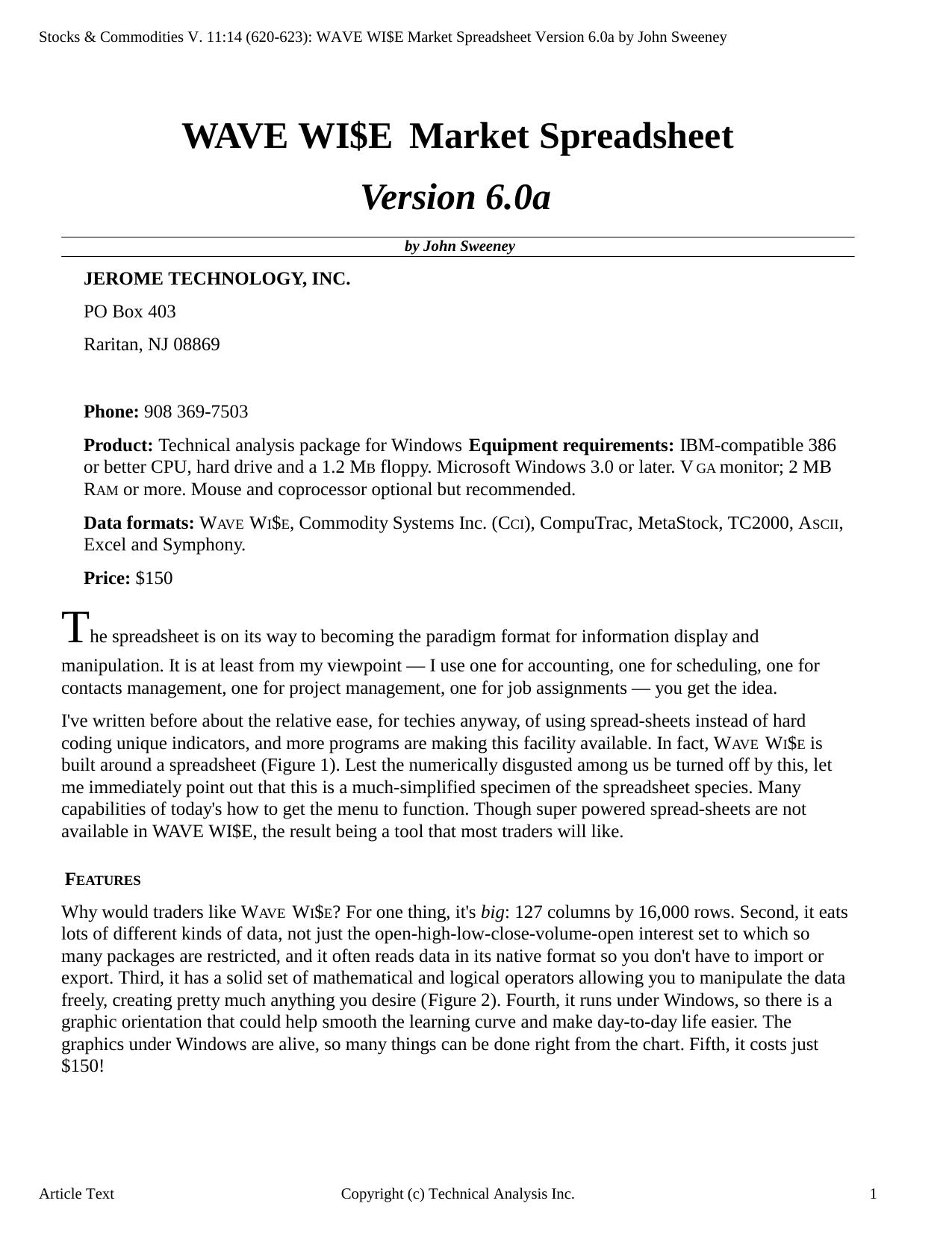 Stocks & Commodities V.11:14 (620-623): WAVE WI$E Market Spreadsheet Version 6.0a by John Sweeney by Technical Analysis Inc