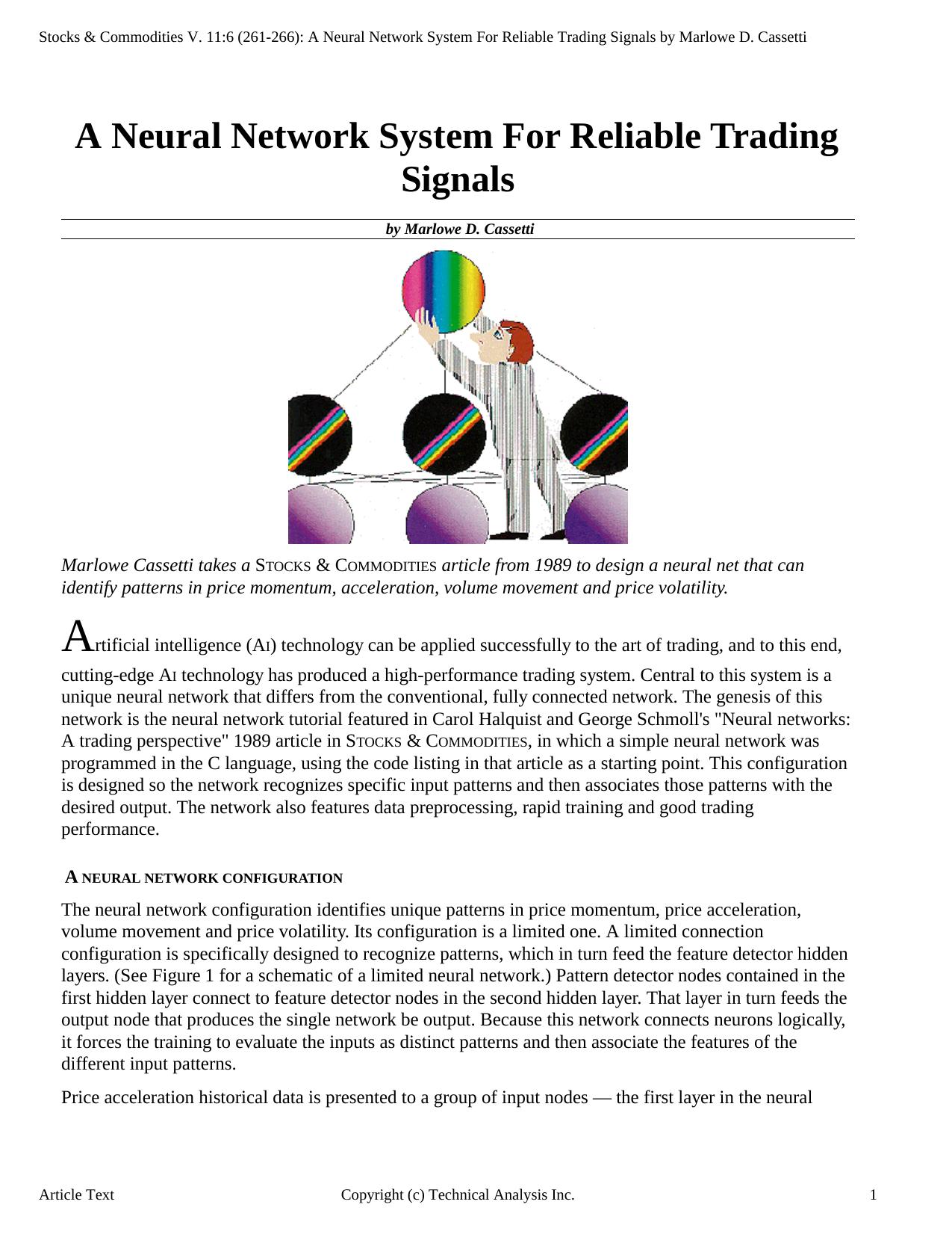 Stocks & Commodities V.11:6 (261-266): A Neural Network System For Reliable Trading Signals by Marlowe D. Cassetti by Marlowe D. Cassetti