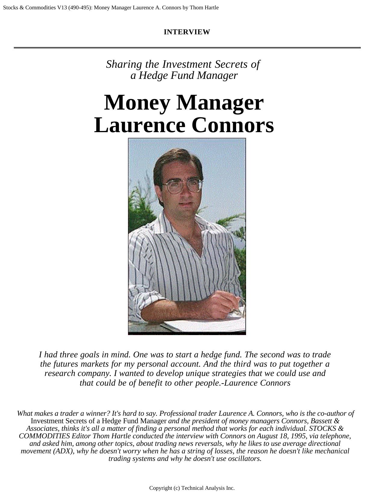 Stocks & Commodities V.13 (490-495): Money Manager Laurence A. Connors by Thom Hartle by Thom Hartle