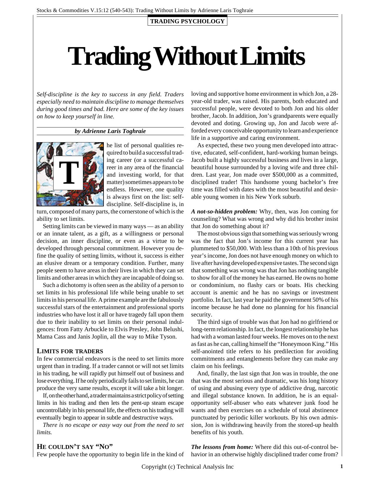 Stocks & Commodities V.15:12 (540-543): Trading Without Limits by Adrienne Laris Toghraie by Adrienne Laris Toghraie