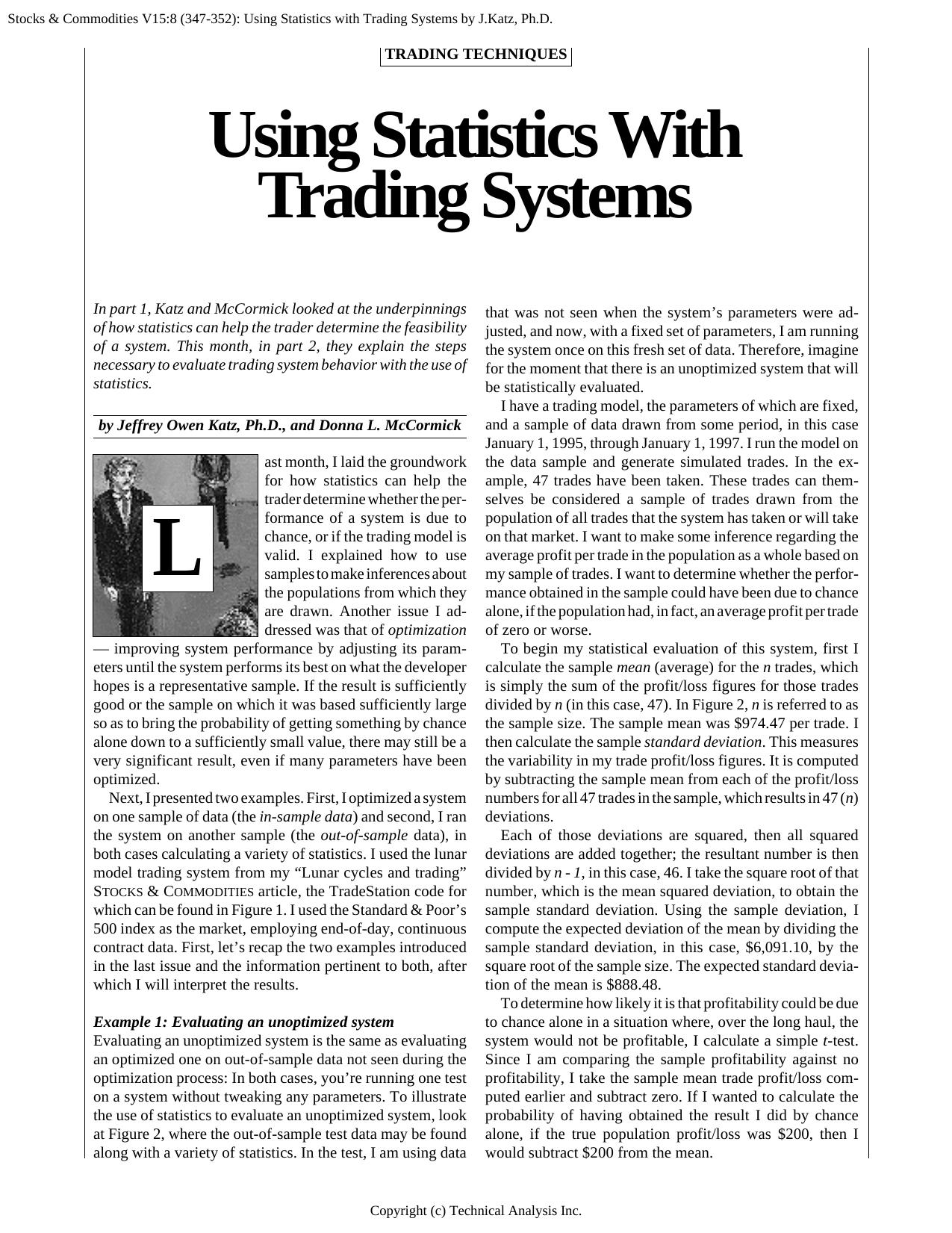 Stocks & Commodities V.15:8 (347-352): Using Statistics with Trading Systems J.Katz, Ph.D., and D.M by J.Katz Ph.D