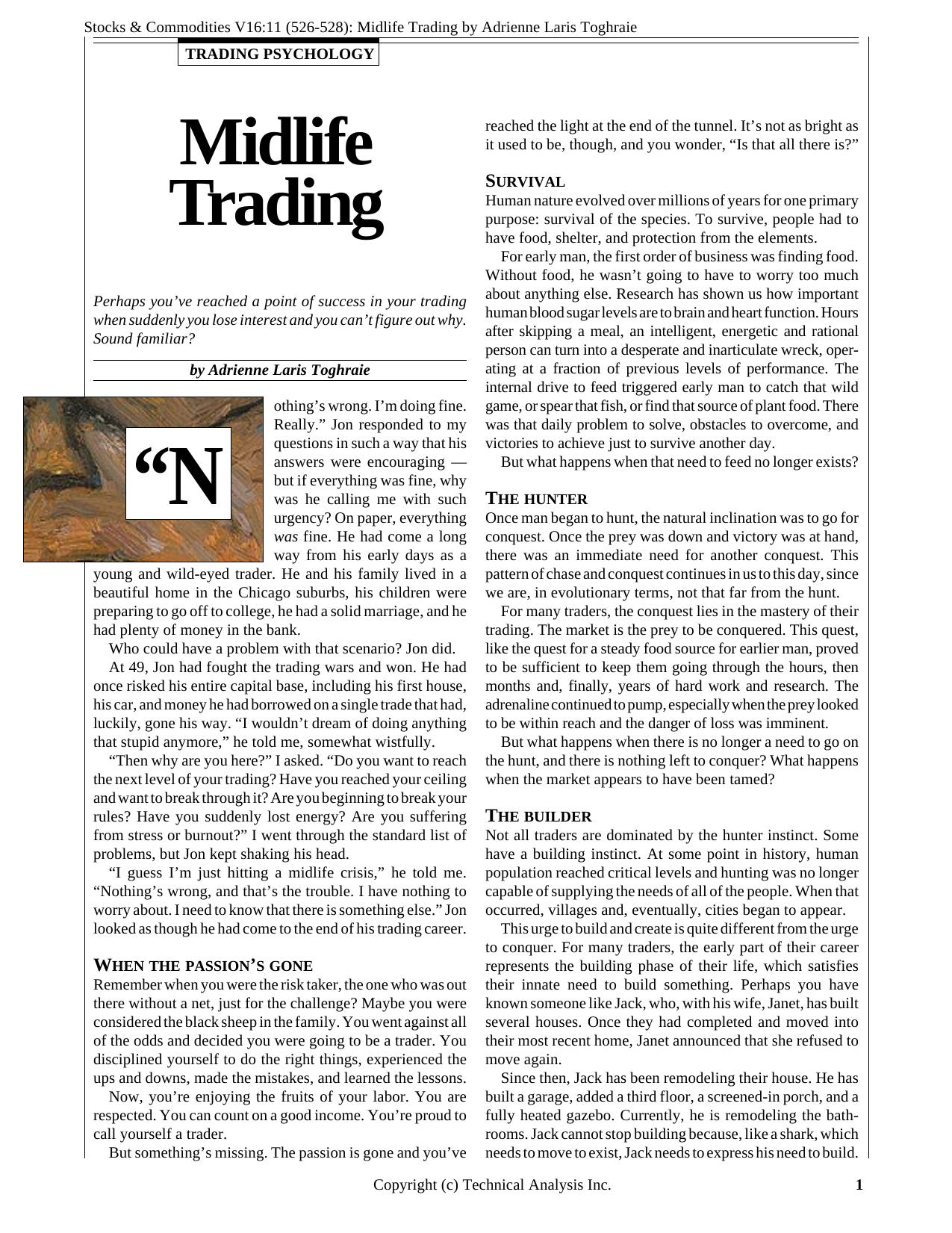 Stocks & Commodities V.16:11 (526-528): Midlife Trading by Adrienne Laris Toghraie by Adrienne Laris Toghraie