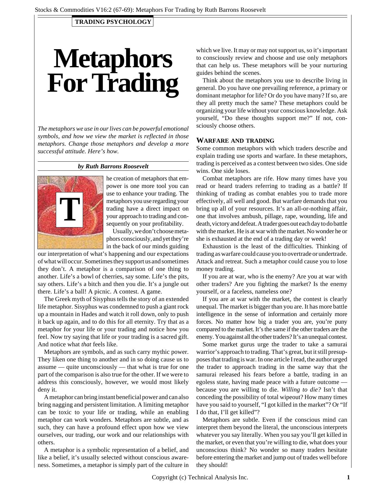 Stocks & Commodities V.16:2 (67-69): Metaphors For Trading by Ruth Barrons Roosevelt by Ruth Barrons Roosevelt