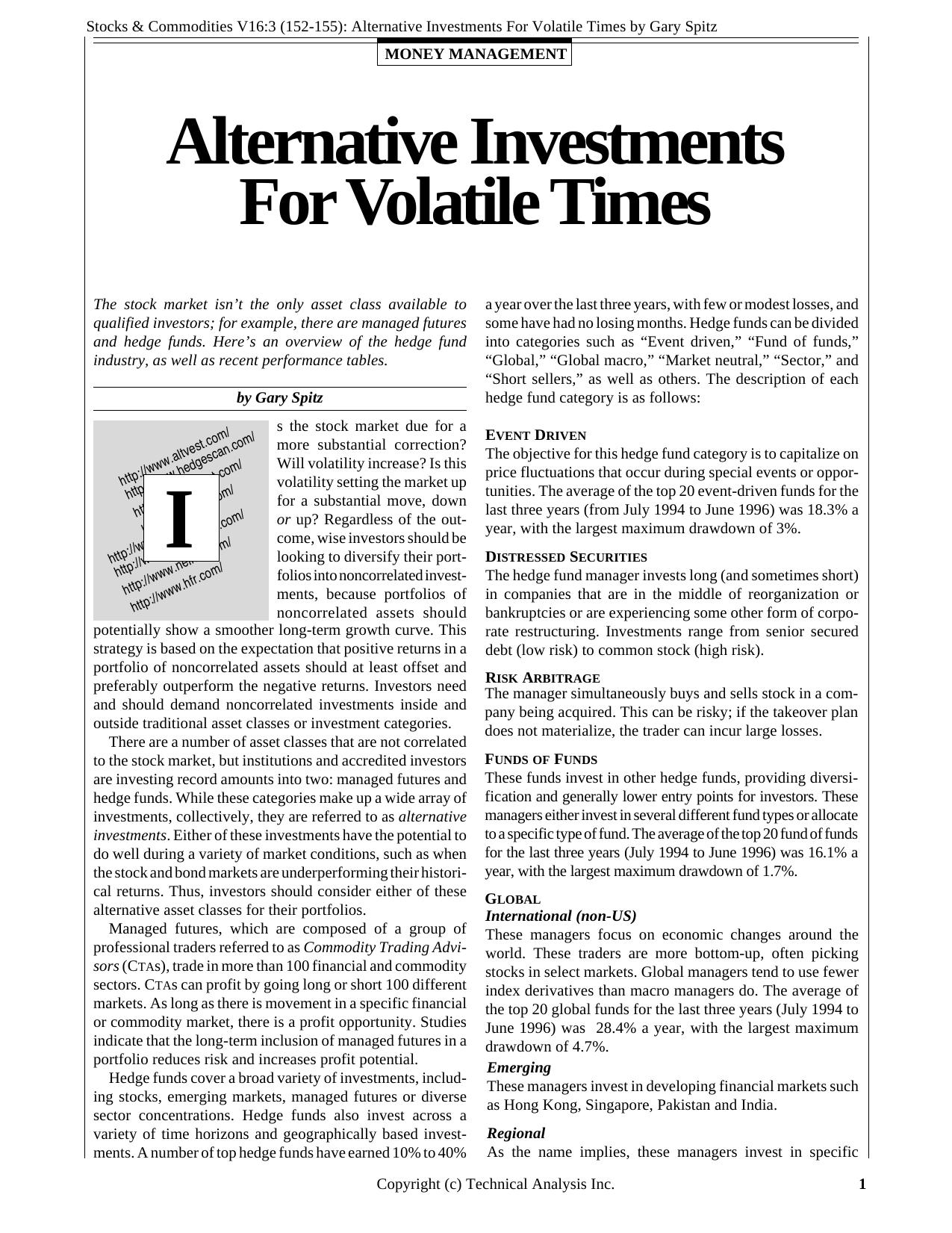 Stocks & Commodities V.16:3 (152-155): Alternative Investments For Volatile Times by Gary Spitz by Gary Spitz