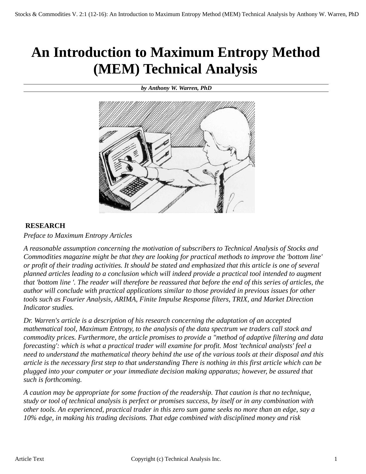 Stocks & Commodities V.2:1 (12-16): An Introduction to Maximum Entropy Method (MEM) Technical Analysis by Anthony W. Warren, P by Anthony Warren