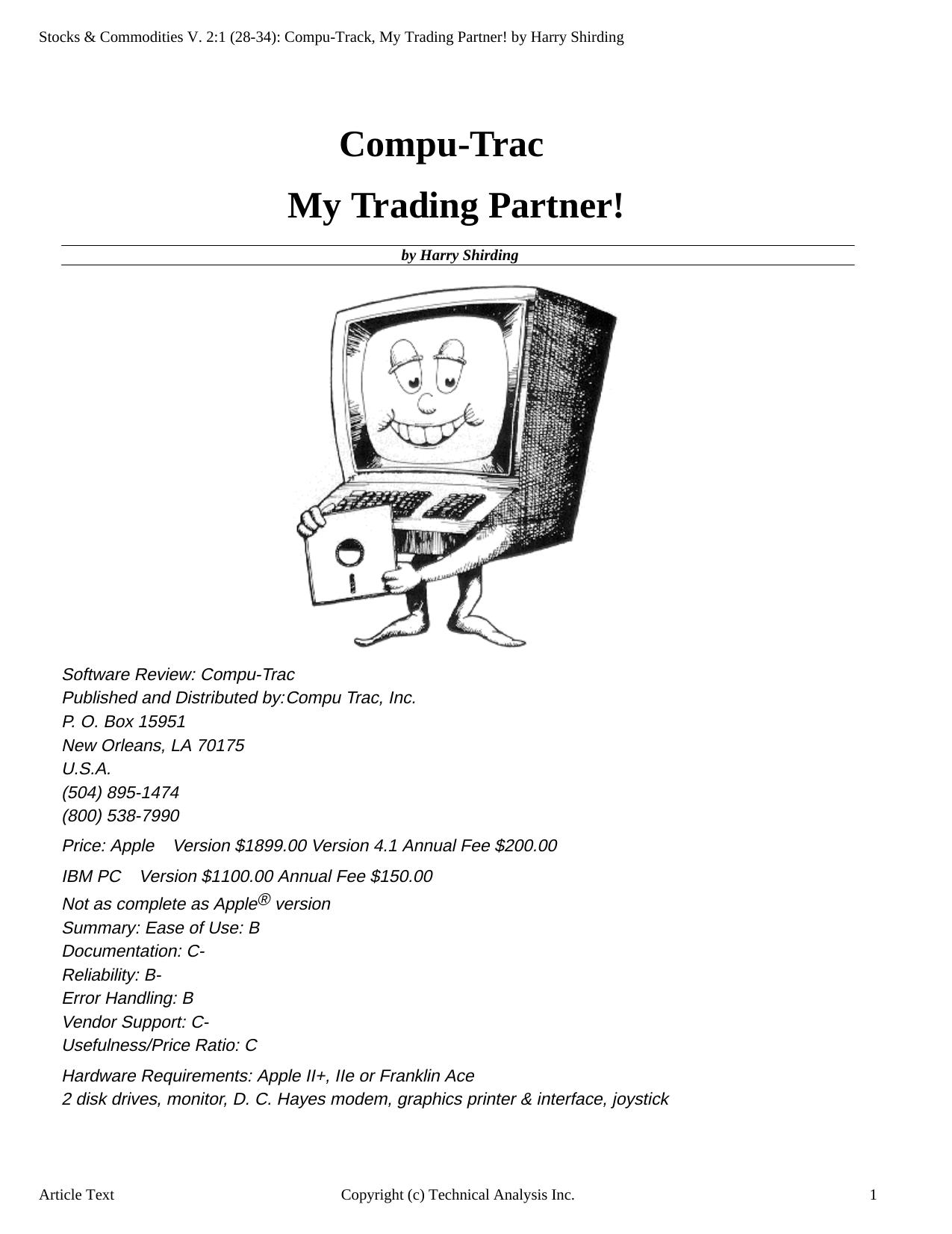 Stocks & Commodities V.2:1 (28-34): Compu-TracÃ¢ My Trading Partner! by Harry Shirding by Harry Shirding