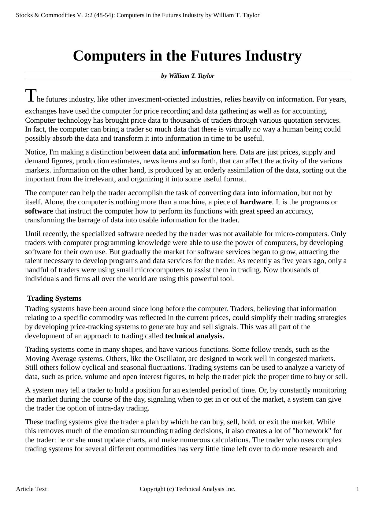 Stocks & Commodities V.2:2 (48-54): Computers in the Futures Industry by William T. Taylor by William T. Taylor