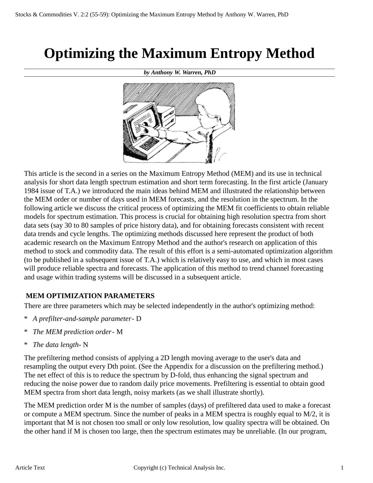 Stocks & Commodities V.2:2 (55-59): Optimizing the Maximum Entropy Method by Anthony W. Warren, PhD by Anthony Warren