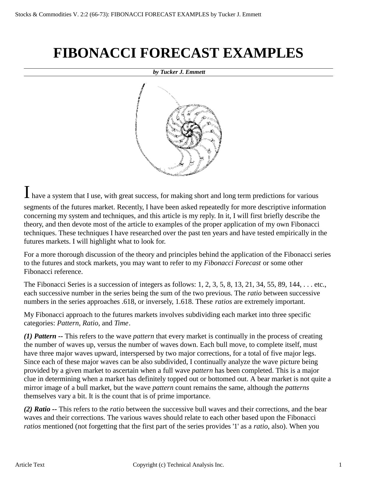 Stocks & Commodities V.2:2 (66-73): FIBONACCI FORECAST EXAMPLES by Tucker J. Emmett by Tucker J. Emmett