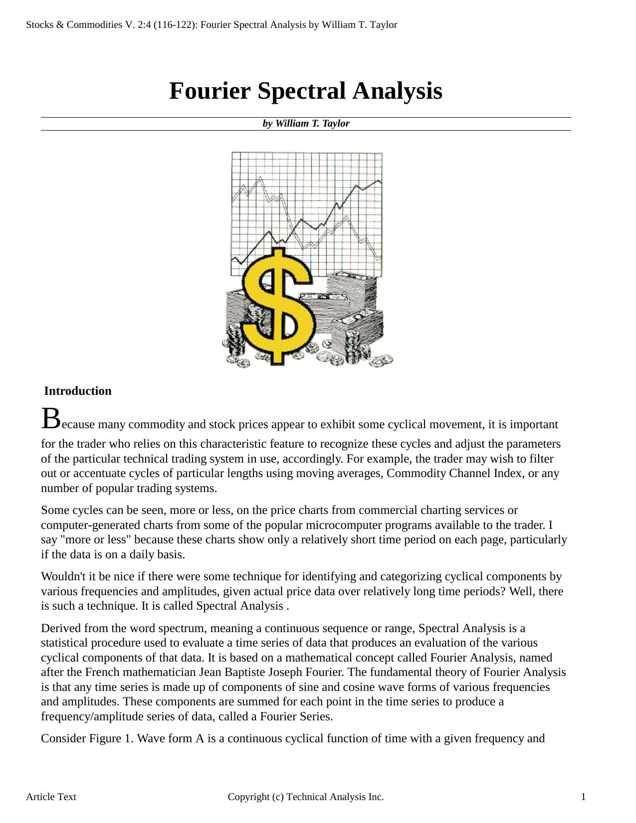 Stocks & Commodities V.2:4 (116-122): Fourier Spectral Analysis by William T. Taylor by William T. Taylor