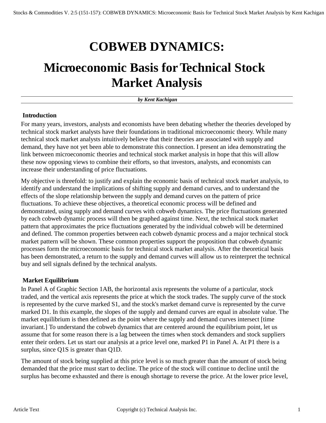 Stocks & Commodities V.2:5 (151-157): COBWEB DYNAMICS: Microeconomic Basis for Technical Stock Market Analysis by Kent Kachiga by Kent Kachigan