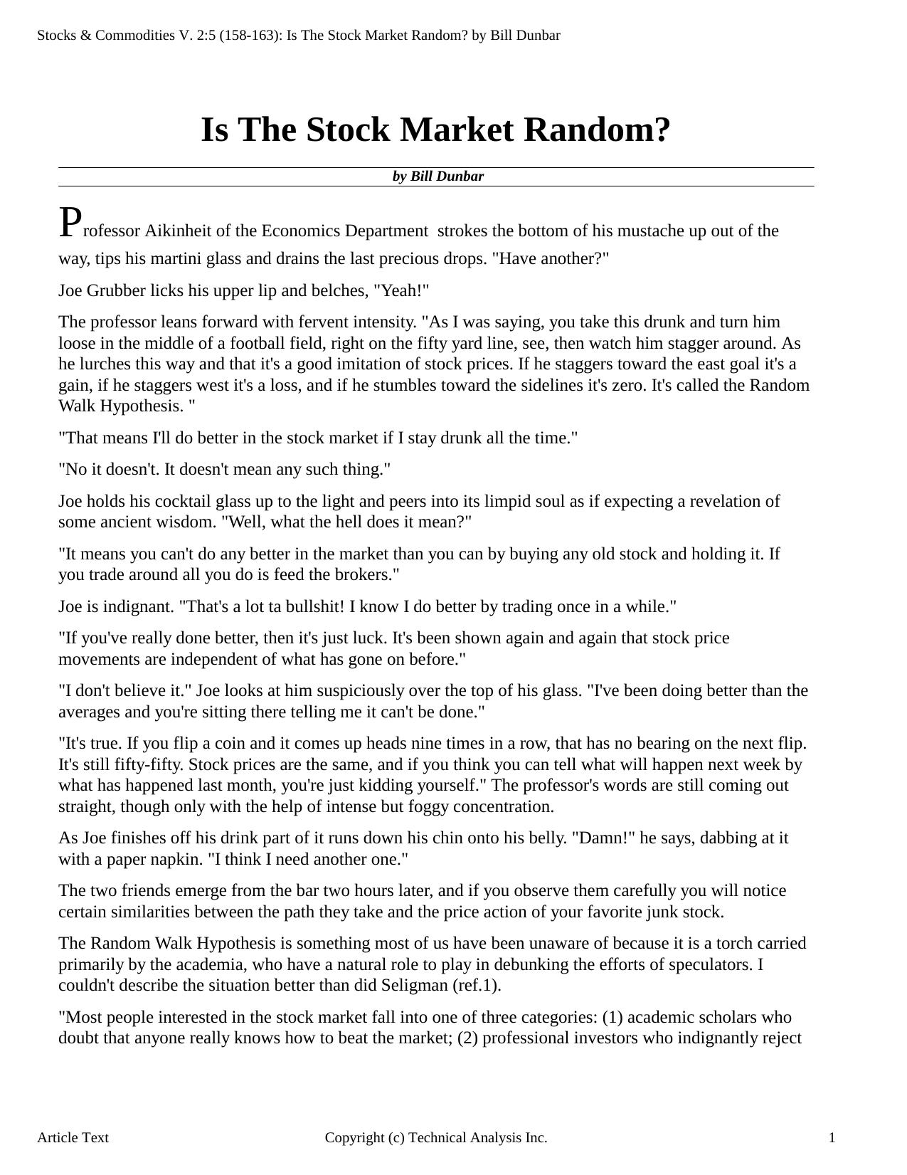 Stocks & Commodities V.2:5 (158-163): Is The Stock Market Random? by Bill Dunbar by Bill Dunbar