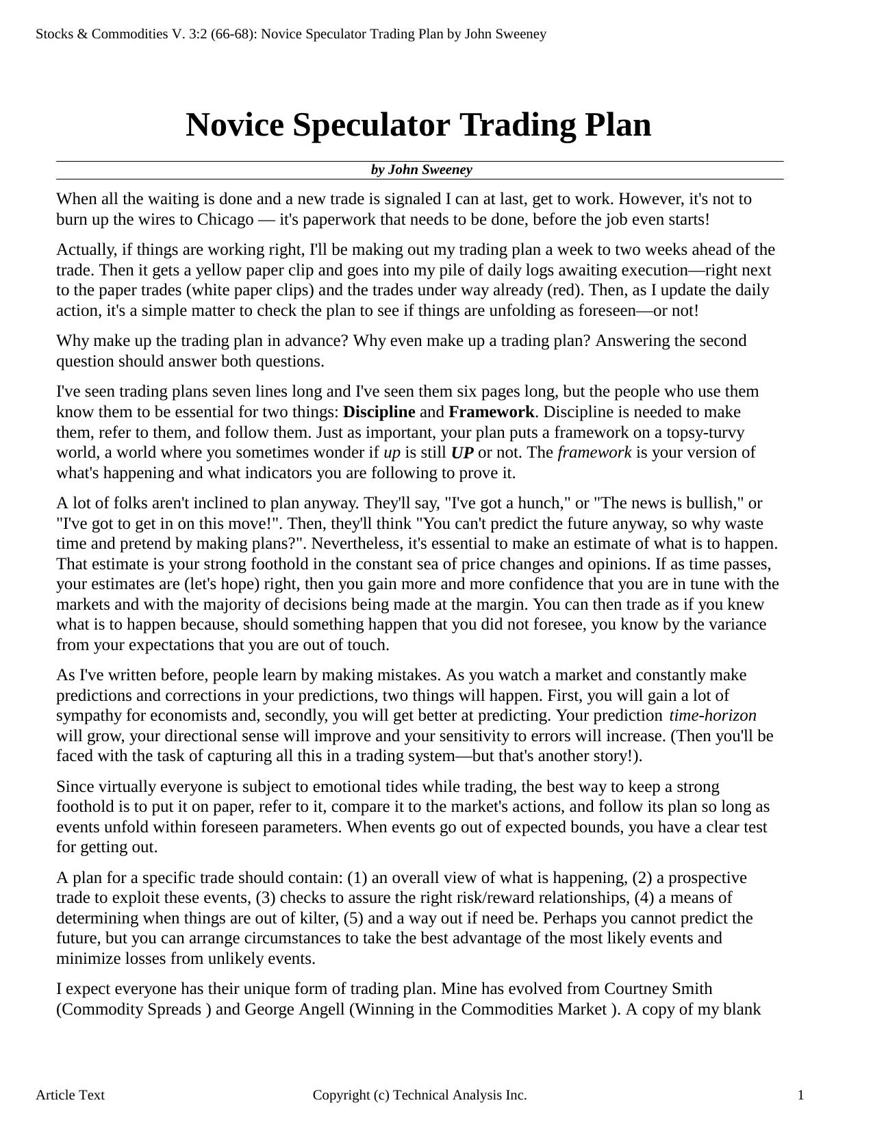 Stocks & Commodities V.3:2 (66-68): Novice Speculator Trading Plan by John Sweeney by John Sweeney