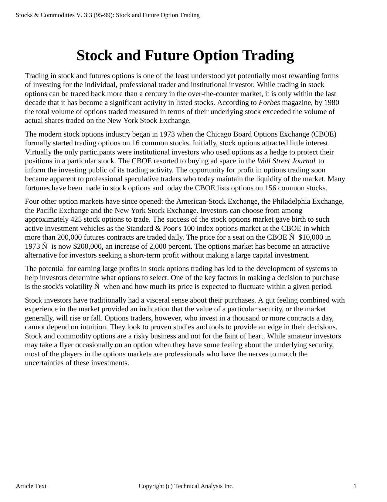 Stocks & Commodities V.3:3 (95-99): Stock and Future Option Trading by Technical Analysis Inc