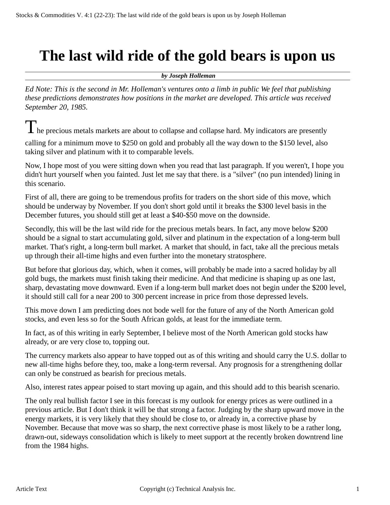 Stocks & Commodities V.4:1 (22-23): The last wild ride of the gold bears is upon us by Joseph Holleman by Joseph Holleman