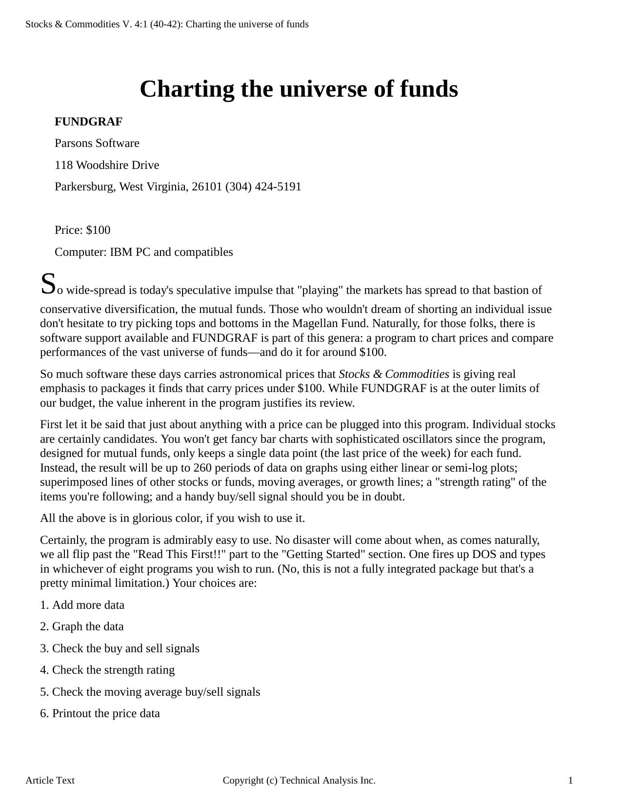 Stocks & Commodities V.4:1 (40-42): Charting the universe of funds by Technical Analysis Inc