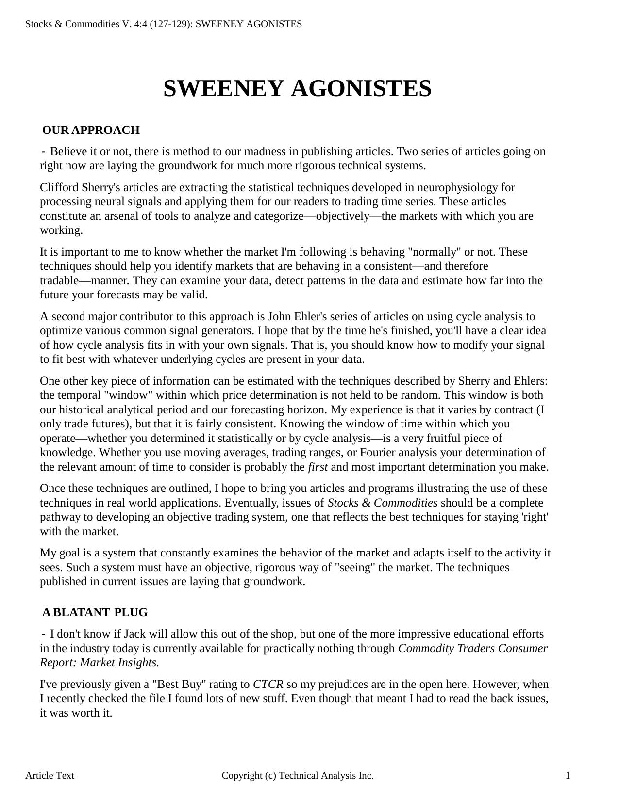Stocks & Commodities V.4:4 (127-129): SWEENEY AGONISTES by John Sweeney