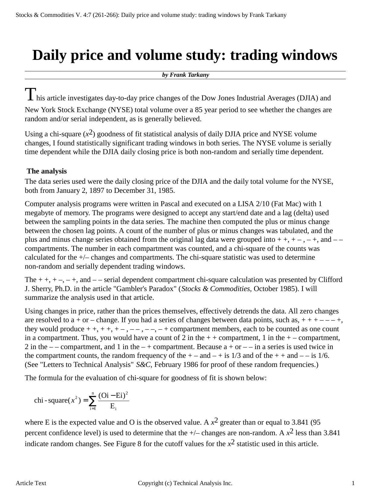Stocks & Commodities V.4:7 (261-266): Daily price and volume study: trading windows by Frank Tarkany by Frank Tarkany