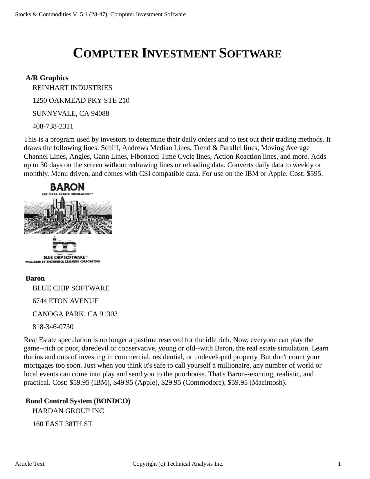 Stocks & Commodities V.5:1 (28-47): Computer Investment Software by Technical Analysis Inc