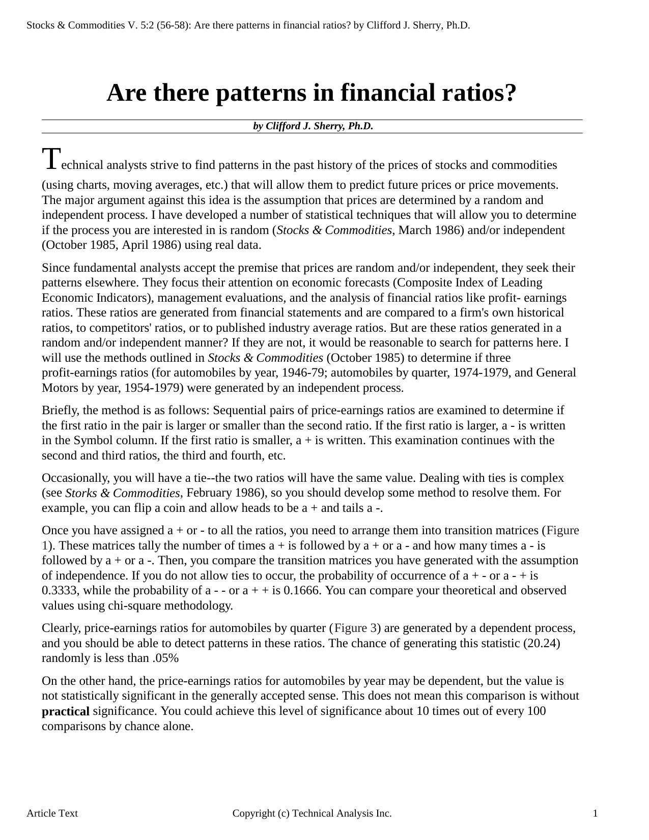 Stocks & Commodities V.5:2 (56-58): Are there patterns in financial ratios? by Clifford J. Sherry, Ph.D. by Clifford J. Sherry