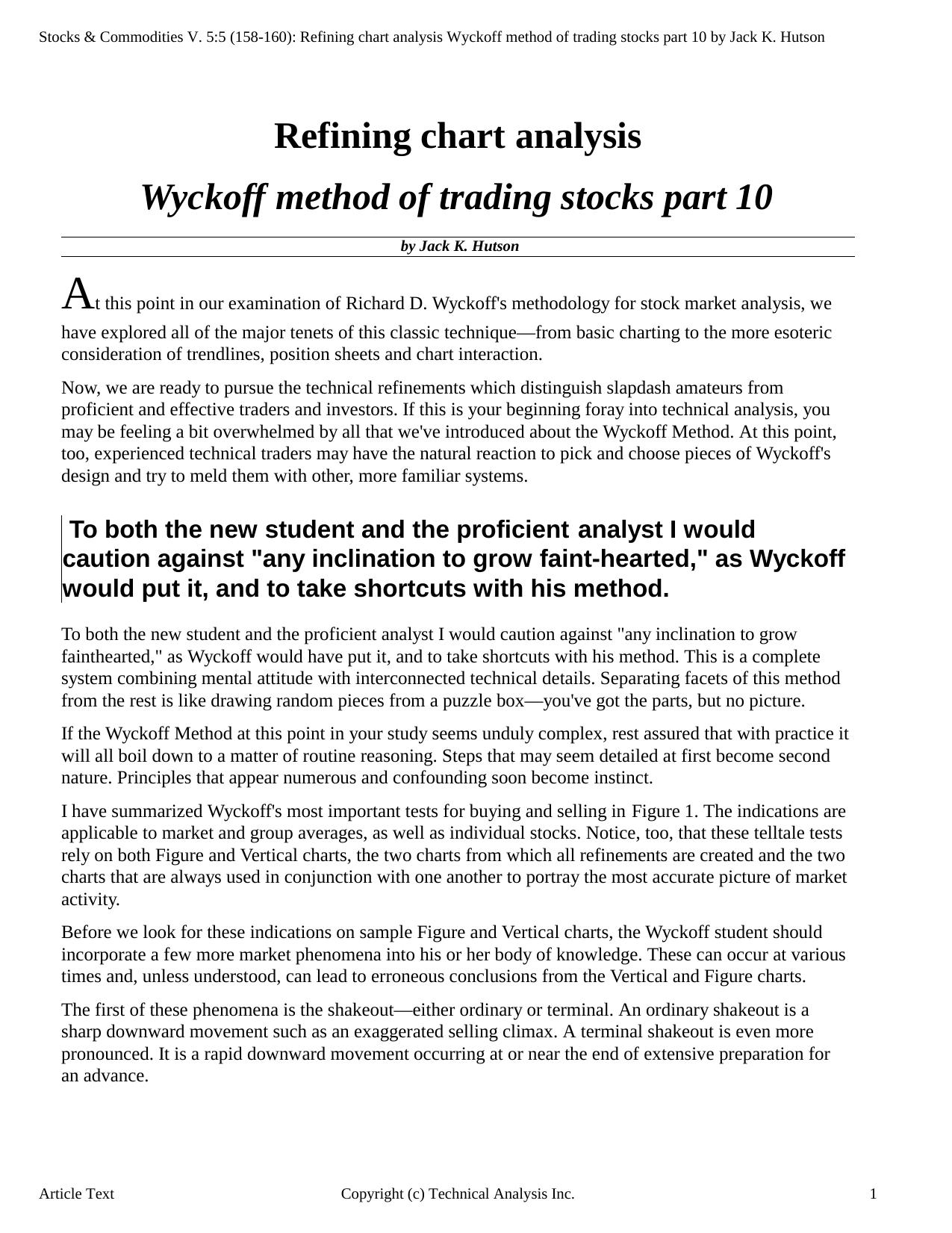 Stocks & Commodities V.5:5 (158-160): Refining chart analysis Wyckoff method of trading stocks part 10 by Jack K. Hutson by Jack K. Hutson