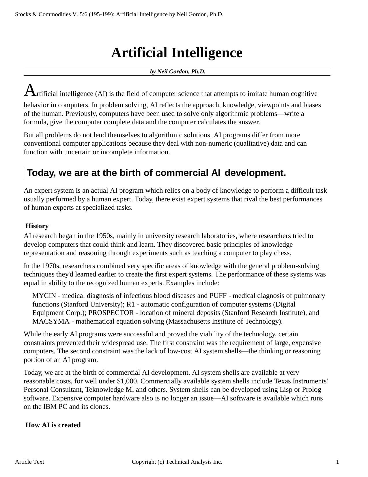 Stocks & Commodities V.5:6 (195-199): Artificial Intelligence by Neil Gordon, Ph.D. by Neil Gordon