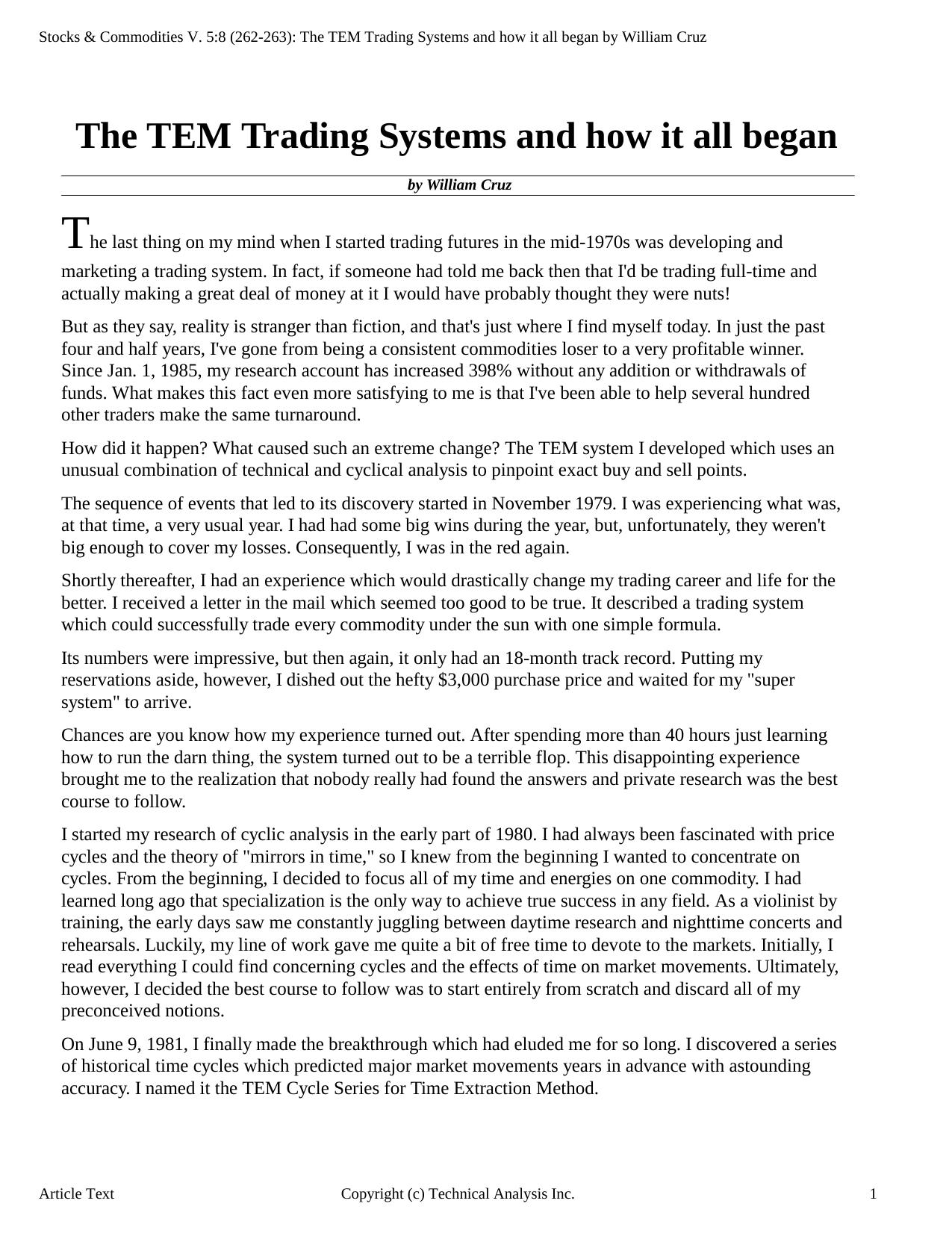Stocks & Commodities V.5:8 (262-263): The TEM Trading Systems and how it all began by William Cruz by William Cruz
