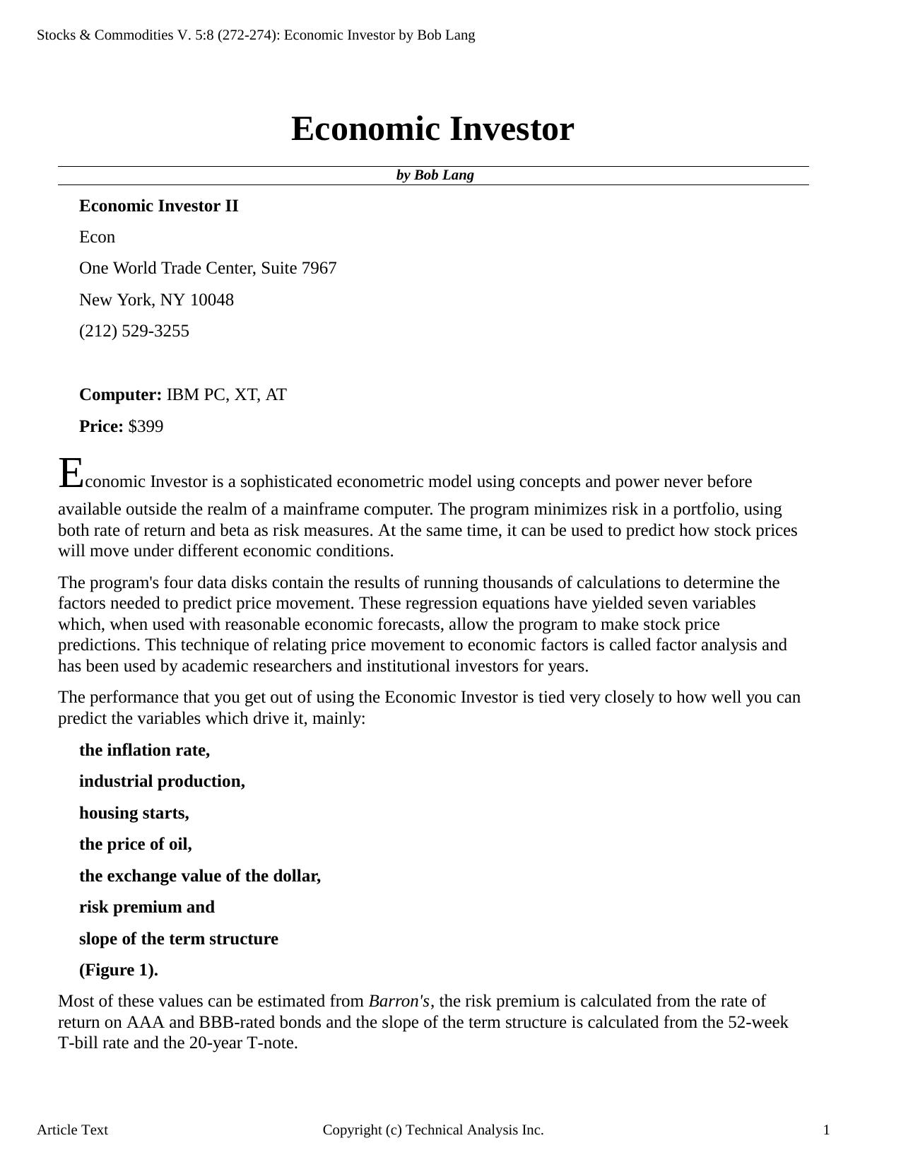 Stocks & Commodities V.5:8 (275-280): Essex Eurotrader by John Sweeney by Bob Lang