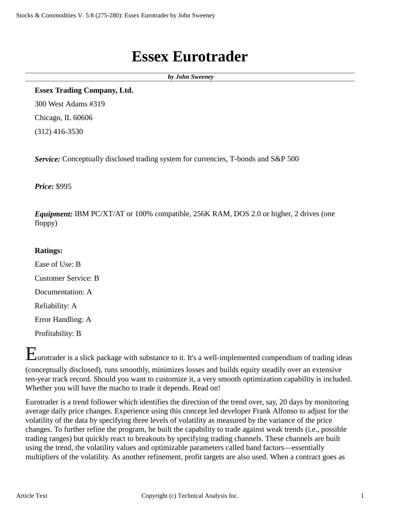 Stocks & Commodities V.5:8 (275-280): Essex Eurotrader by John Sweeney by John Sweeney