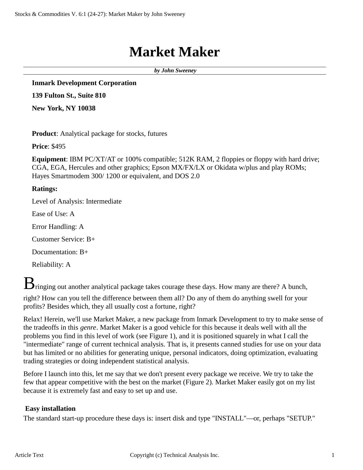 Stocks & Commodities V.6:1 (24-27): Market Maker by John Sweeney by John Sweeney