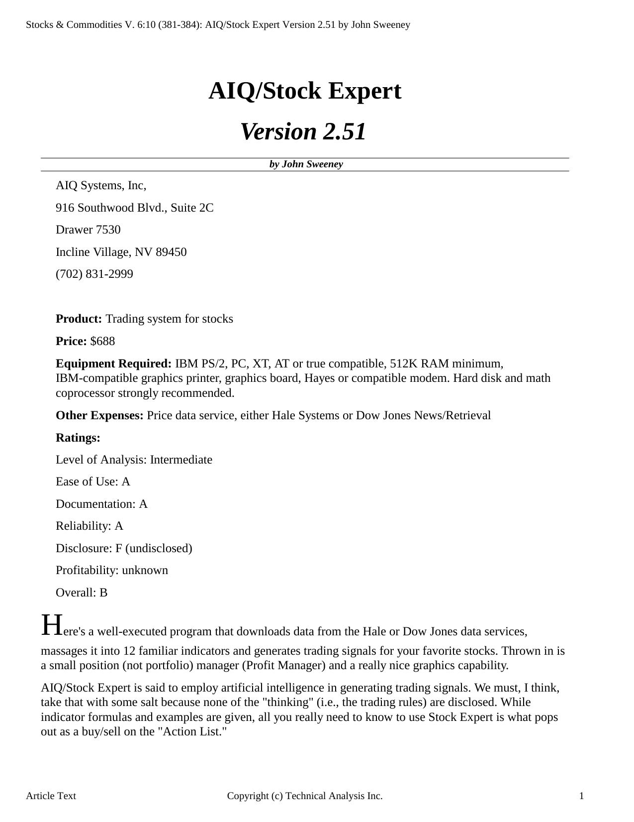 Stocks & Commodities V.6:10 (381-384): AIQStock Expert Version 2.51 by John Sweeney by John Sweeney