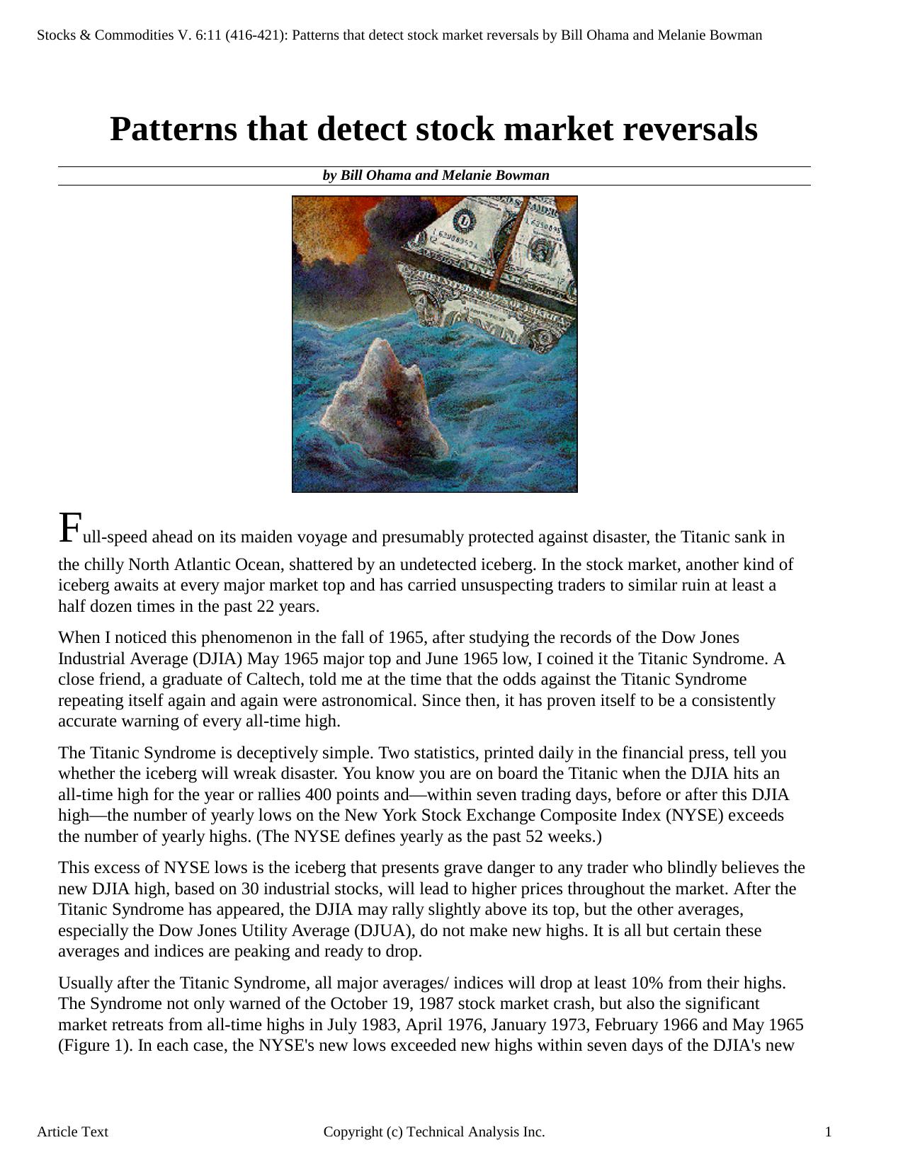 Stocks & Commodities V.6:11 (416-421): Patterns that detect stock market reversals by Bill Ohama and Melanie Bowman by Bill Ohama & Melanie Bowman