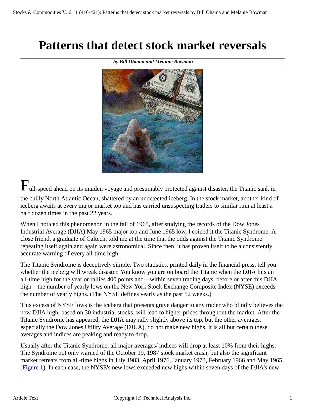 Stocks & Commodities V.6:11 (416-421): Patterns that detect stock market reversals by Bill Ohama and Melanie Bowman by YN