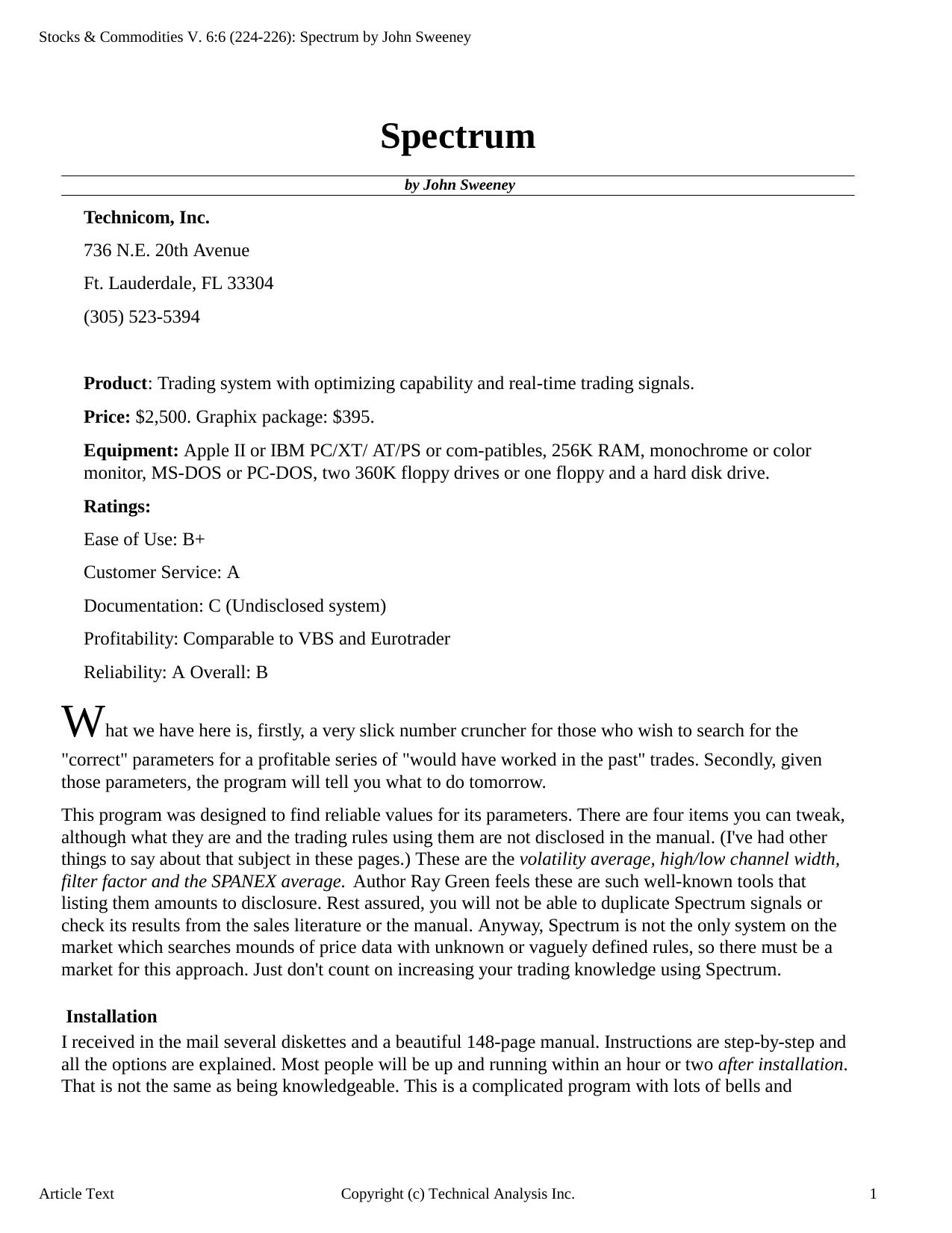 Stocks & Commodities V.6:6 (224-226): Spectrum by John Sweeney by John Sweeney