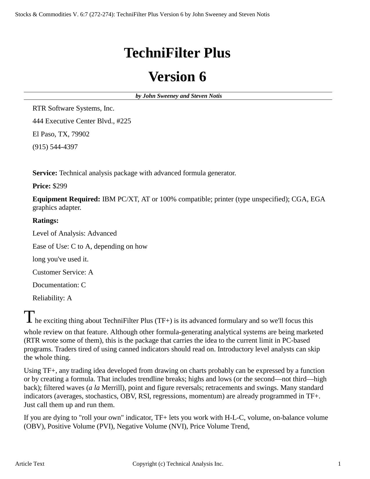 Stocks & Commodities V.6:7 (272-274): TechniFilter Plus Version 6 by John Sweeney and Steven Notis by John Sweeney & Steven Notis