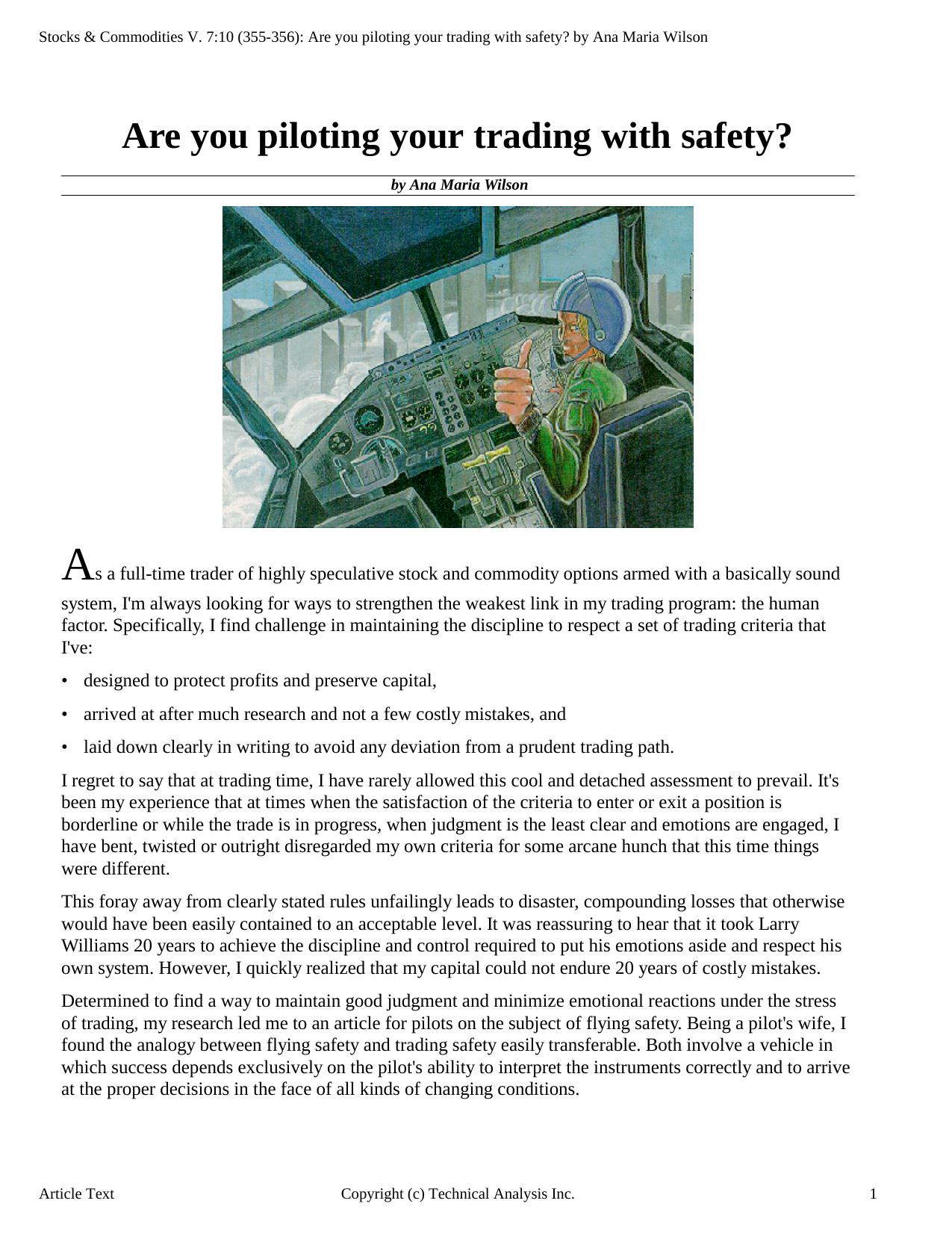 Stocks & Commodities V.7:10 (355-356): Are you piloting your trading with safety? by Ana Maria Wilson by Ana Maria Wilson