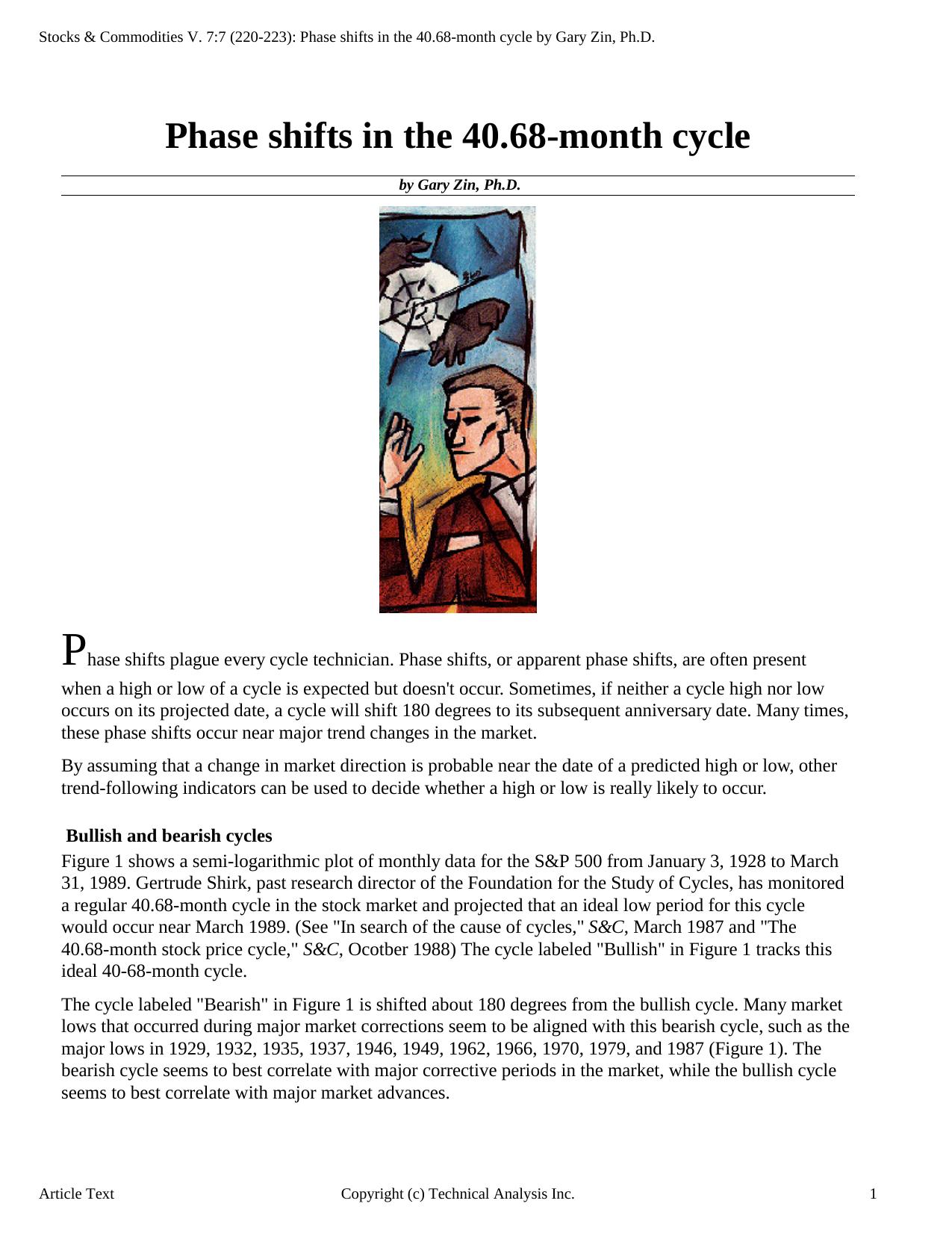 Stocks & Commodities V.7:7 (220-223): Phase shifts in the 40.68-month cycle by Gary Zin, Ph.D. by Gary Zin Ph.D