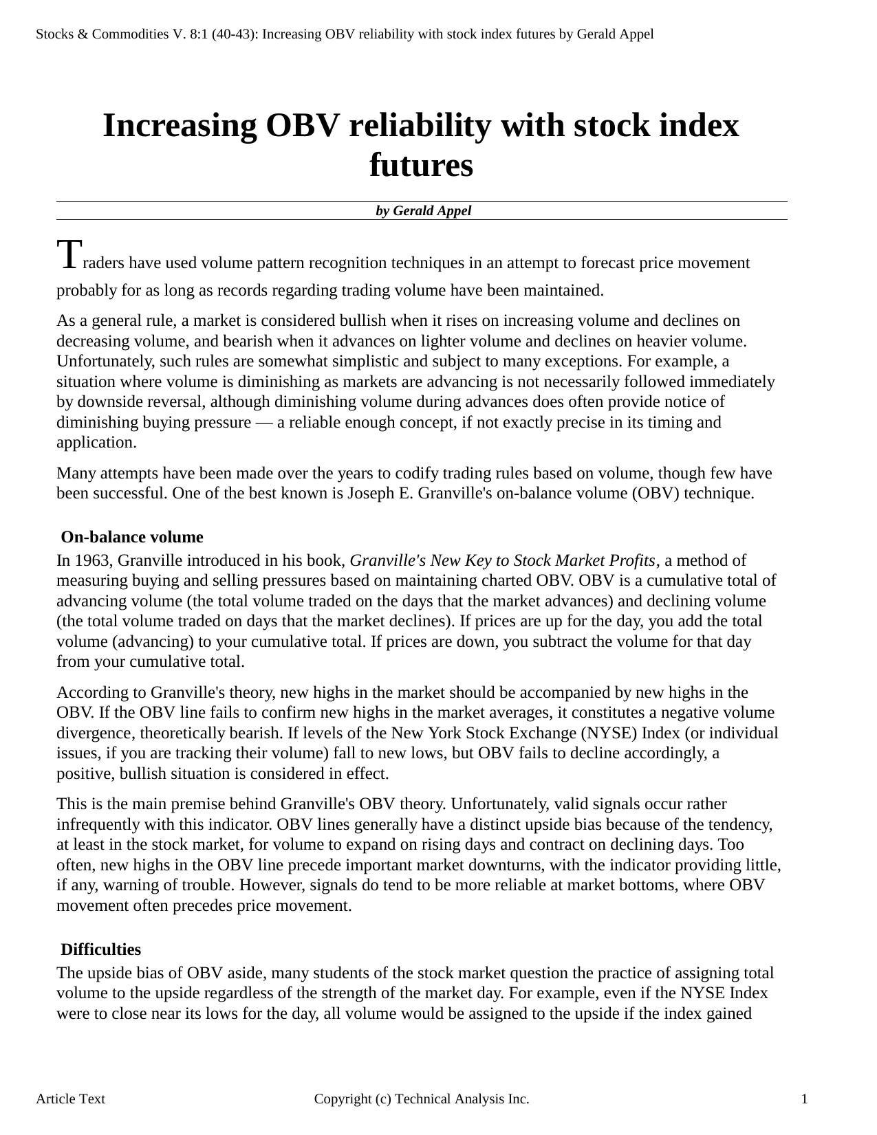 Stocks & Commodities V.8:1 (40-43): Increasing OBV reliability with stock index futures by Gerald Appel by Gerald Appel