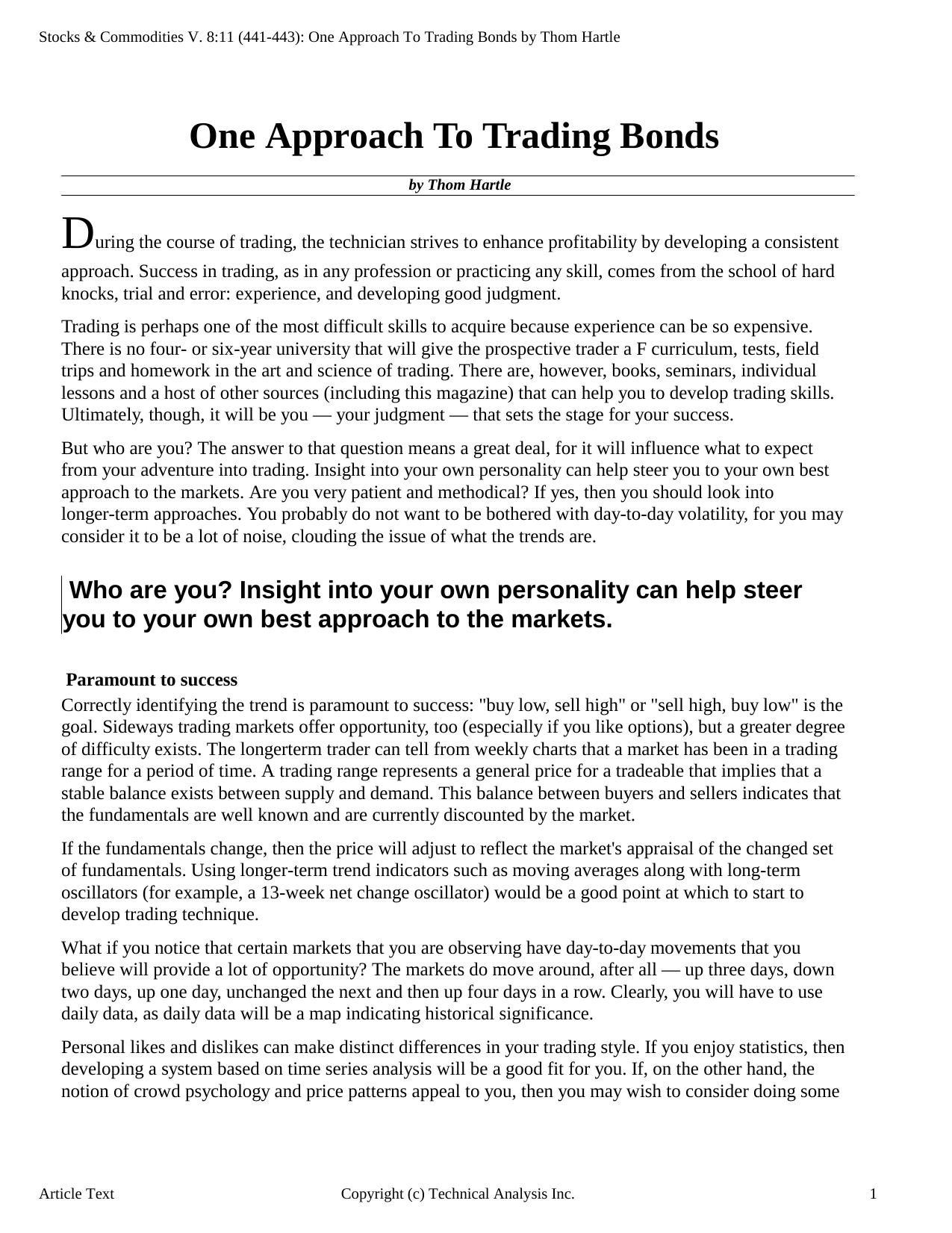 Stocks & Commodities V.8:11 (441-443): One Approach To Trading Bonds by Thom Hartle by Thom Hartle