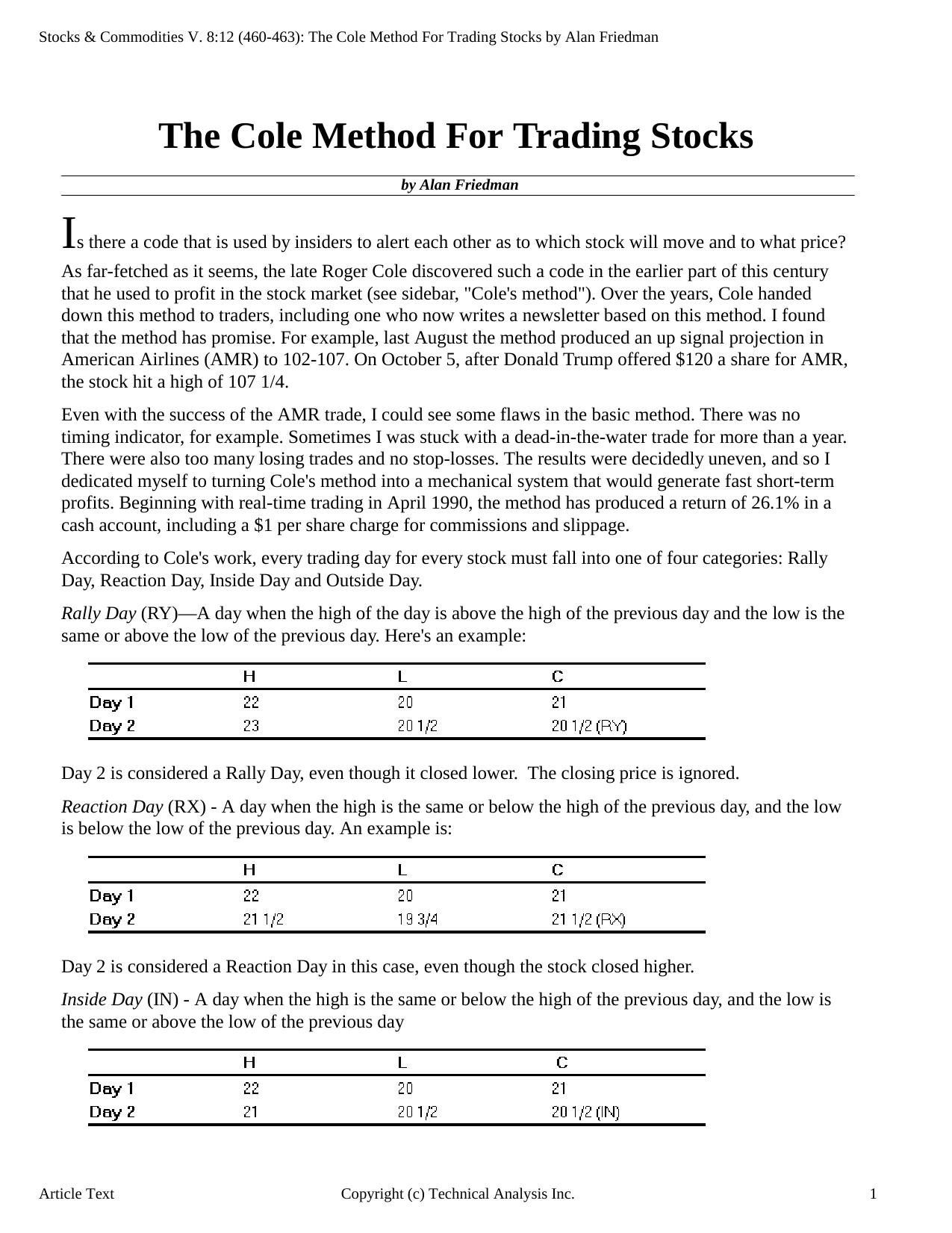 Stocks & Commodities V.8:12 (460-463): The Cole Method For Trading Stocks by Alan Friedman by Alan Friedman