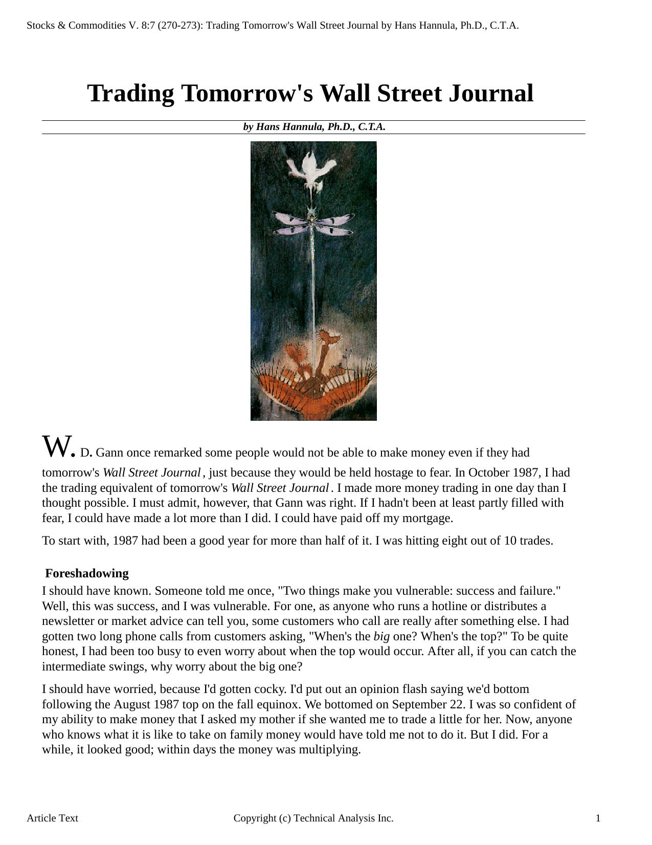 Stocks & Commodities V.8:7 (270-273): Trading Tomorrow's Wall Street Journal by Hans Hannula, Ph.D., C.T.A. by Hans Hannula